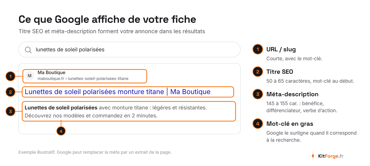 Exemple de résultat Google pour une fiche produit : URL, titre SEO et méta-description