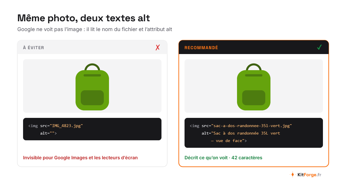 Comparaison de deux textes alt pour la même photo de sac à dos : attribut vide contre description précise